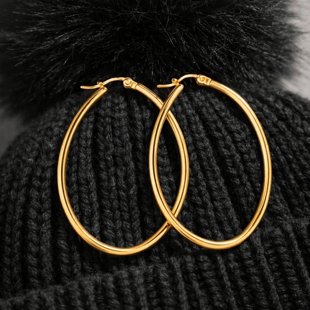 18K Gold Plated Stainless Steel Oval Hoop Earrings Large Minimalist Hypoallergen